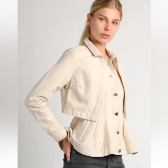 Asos Current Air Anthro Peplum Layered Denim Jacket Size XS Cream - Picture 1 of 13